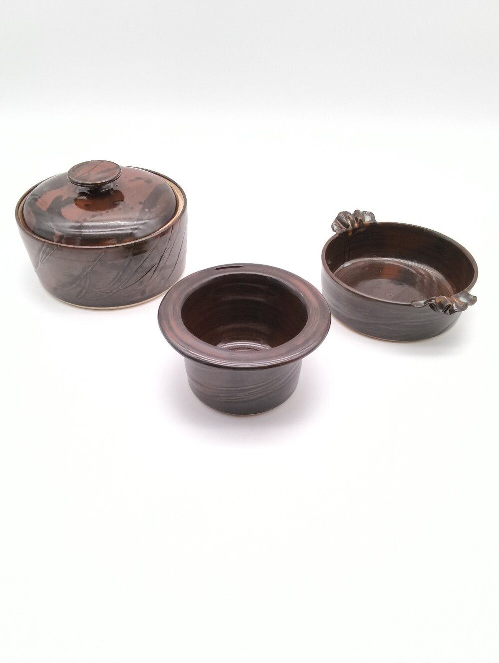 Vintage Signed Studio Art Pottery 3-Piece Lidded Casserole & Serving Set